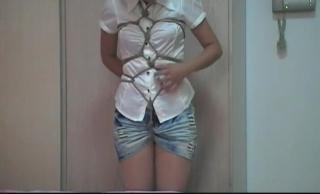 Self-Bondage in home, but got spotted Featuring: stocking, shibari, karada, foot fetish, hogtie, crotch rope, and ball gagging
