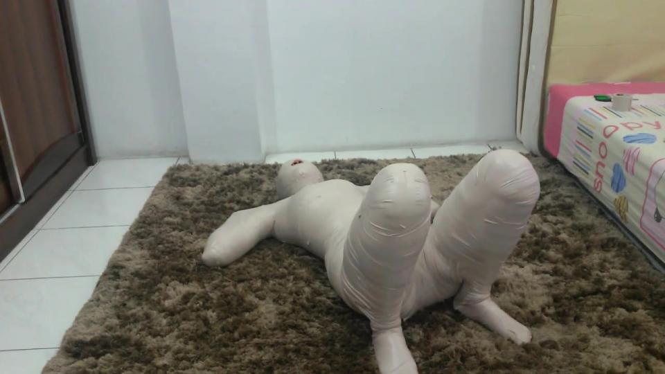 White Mummification Frogtie Breathplay Featuring: frogtie, mummification, tape, and breatheplay