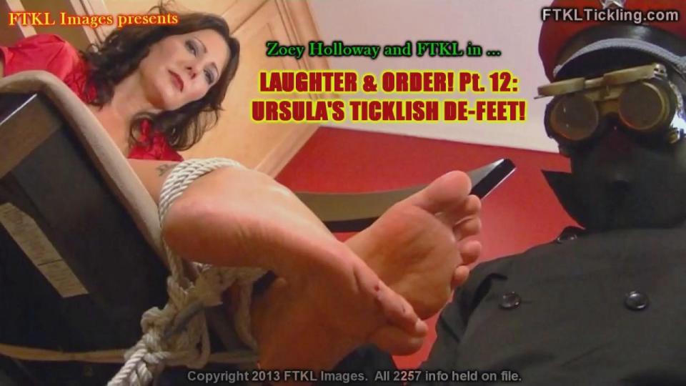 Laughter &amp; Order! Pt. 12 Ursula's Ticklish De-Feet! General Ursula Fusse (Zoey Holloway) has finally made a critical error, allowing Ticklante to locate her! The masked super agent ties her up and frees her beautiful, size 10 feet from their shoes. Ursula tries to remain cool and sophisticated, but once the tickling begins, her dignity melts away!<br><br>The stern, sexy, statuesque brunette squirms and thrashes as she laughs and squeals uncontrollably! At one point, she even offers to go out to dinner with Ticklante, if he'll just stop tickling her feet! But there's no hope for her terribly ticklish tootsies until she reveals the identities of the other architects behind the nationwide plot against him and other costumed vigilantes! Enjoy stunning cougar, Zoey Holloway's hilarious plight, as this ticklish saga continues! <br>https://www.clips4sale.com/studio/29443/9855711/Laughter & Order! Pt. 12: Ursula's Ticklish De-Feet! (HD)