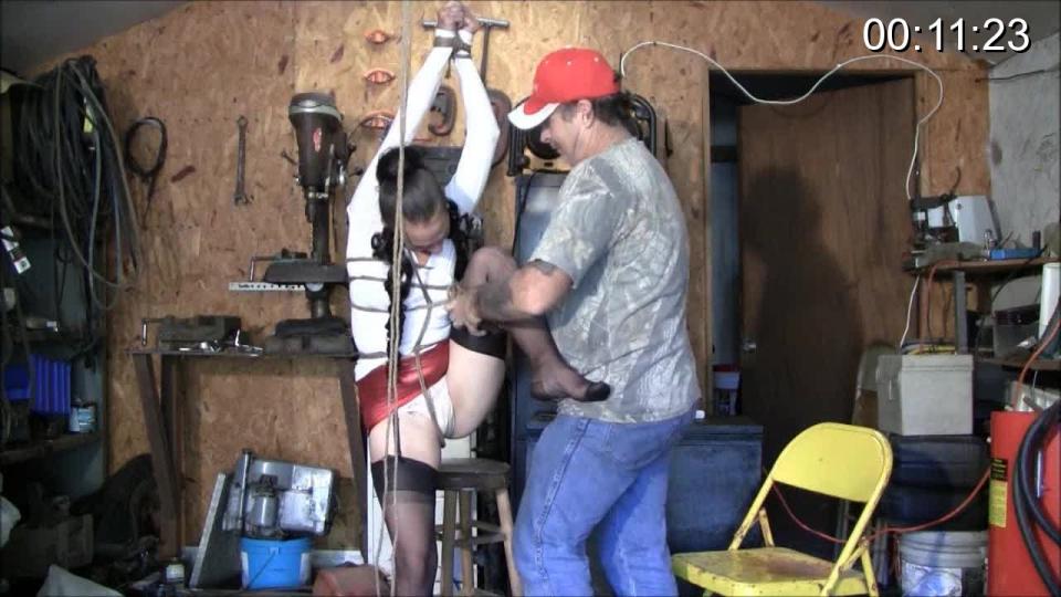 The Block  https://www.clips4sale.com/studio/45195/8456831/The Block (6000kbps High Quality HD)<br>She was left in the cage to rest. After escaping she was caught and taken back to the training room. She was made to change cloths and await her next test. This time his partner gets a turn at her. Stood up with her hands tied above her head he stands back and enjoys what he sees. He decides it was time to warm up the pussy. He puts on a crotch rope and goes to find a concrete block to hang from the rope. Once the block was on it made the crotch rope dig deep in this little bitches cunt. She cries out in pain. After some time goes by he removes the block. Then he ties one leg to her chest making her balance on one foot. She looked so good. But this bitch was getting know brake. He adds the block again making her struggle under the pressure of the crotch rope digging into her all ready sore pussy.