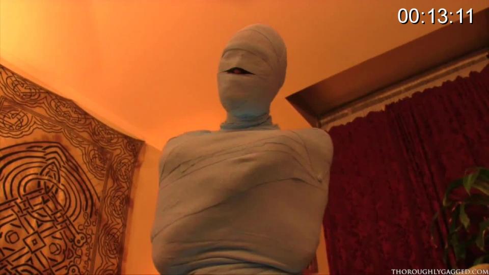 Mummified: The Full Opus Our athletic ebony beauty is bound in torn sheets wearing retro zebra panties, black bra and stockings, her hands have been wrapped and she is bound with torn bed sheets. Her mouth has been packed with a massive, and I mean massive pair of black panties then taped, hooded and then taped again wrapping around and around her head to keep her quiet. She constantly gag-talks as she is wrapped, stage by stage from her legs to her head until she is fully cocooned.<br><br>https://www.clips4sale.com/studio/78173/14829981/Mummified: The Full Opus WMV