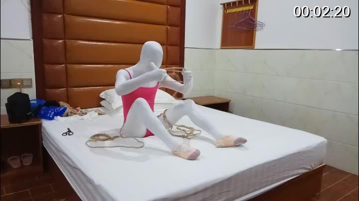 Boy in white tight and ballet shoes, pink bodysuit, preforming self bondage featuring: Boy in white tight and ballet shoes, pink bodysuit, preforming self bondage