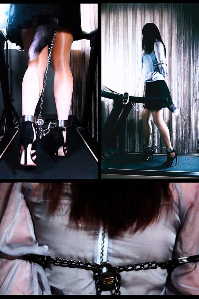 [Heels and Treadmills] Trying Electrocution and Cuffs ©Heels and Treadmills<br><br>Summary:<br><br>The massage device that uses electrocute shock for stress relief is seemly a great concept, but with the cuffs and the high heels, it becomes a different story. Somehow the device became a torture machine, and is directly influencing the movement of the user. I thought I could tolerate it very well, but turns out that I can only hold the shock when it is turned to medium setting. For making the video more interesting, I have used a tail with a plug at the end of it~ Hopefully you guys will enjoy the video!