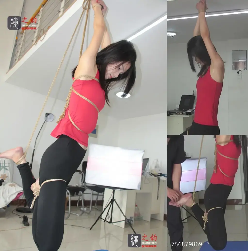 瑜伽教练铃铛，美女瑜伽绳艺正片第一集 ：紧身露肩性感瑜伽服，瑜伽立式结合正手吊、凌空悬吊，白嫩肌肤、大长腿、“39码大脚丫”近距离玩赏，TK、耐力等各项测试，美女腋下香汗淋漓  