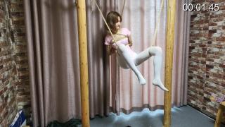 [willing studio ] Yuan Yuan white panty hose hanged chapter 2 featuring: pink bodysuit, white tights, ball gaged, blinded, hanged, bondage