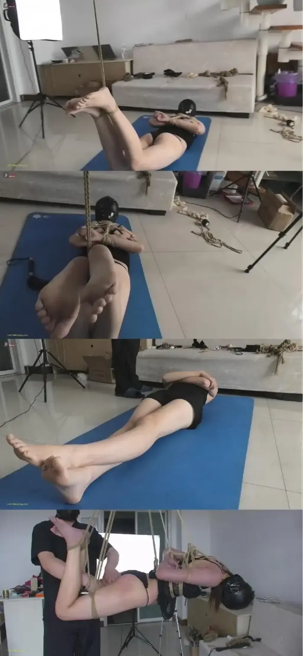 凝儿新片：《瑜伽垫上的美腿捆绑和正片预告》，主要元素：内衣捆 绑、长腿萝莉、胶皮头套、头部包裹、袜子堵嘴、半吊鞭打等  