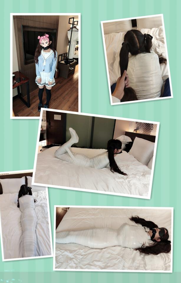 SKMU-002  00后双马尾loli体验全包木乃伊 tape Mummification 今年端午的粽子是萝莉馅儿的。<br>第一次全包因为勒的太紧把小姐姐勒晕了……（包的太紧导致呼吸困难，没站住直接摔倒在地上），所以刚包完上半身就解开了。<br><br>休息之后重新开始，终于把小萝莉做成了胶带粽子～<br><br>萝莉说被全包起来的感觉压迫感非常强，而且手脚会麻，呼吸也受到了限制……而且因为小妹妹太瘦，膝盖和脚踝两处都互相顶着，硌得很疼。<br><br>在包的过程中剪开袜子挠脚心，看小妹妹忍着疼痛绝望的挣扎。玩弄过后再把小妹妹的小脚也用胶带和保鲜膜封死。把少女做成真正的人形木乃伊～<br><br>然后把小萝莉勒成驷马，让小萝莉感受更难受的姿势和更真切的疼痛ww<br><br>拉扯双马尾 强制抬头 人形胶带木乃伊的挣扎<br><br>超可爱w<br>不过妹子之后有点不开心了……因为全包却实是把她包的太难受啦……<br>瘦妹子被全包确实是遭罪一些。。很脆弱呀。容易硌到骨头，还容易呼吸不畅……小妹妹真的是辛苦了x<br>感谢小丫头的辛苦付出和坚持～请多支持！<br>作者qq 3135427957<br>