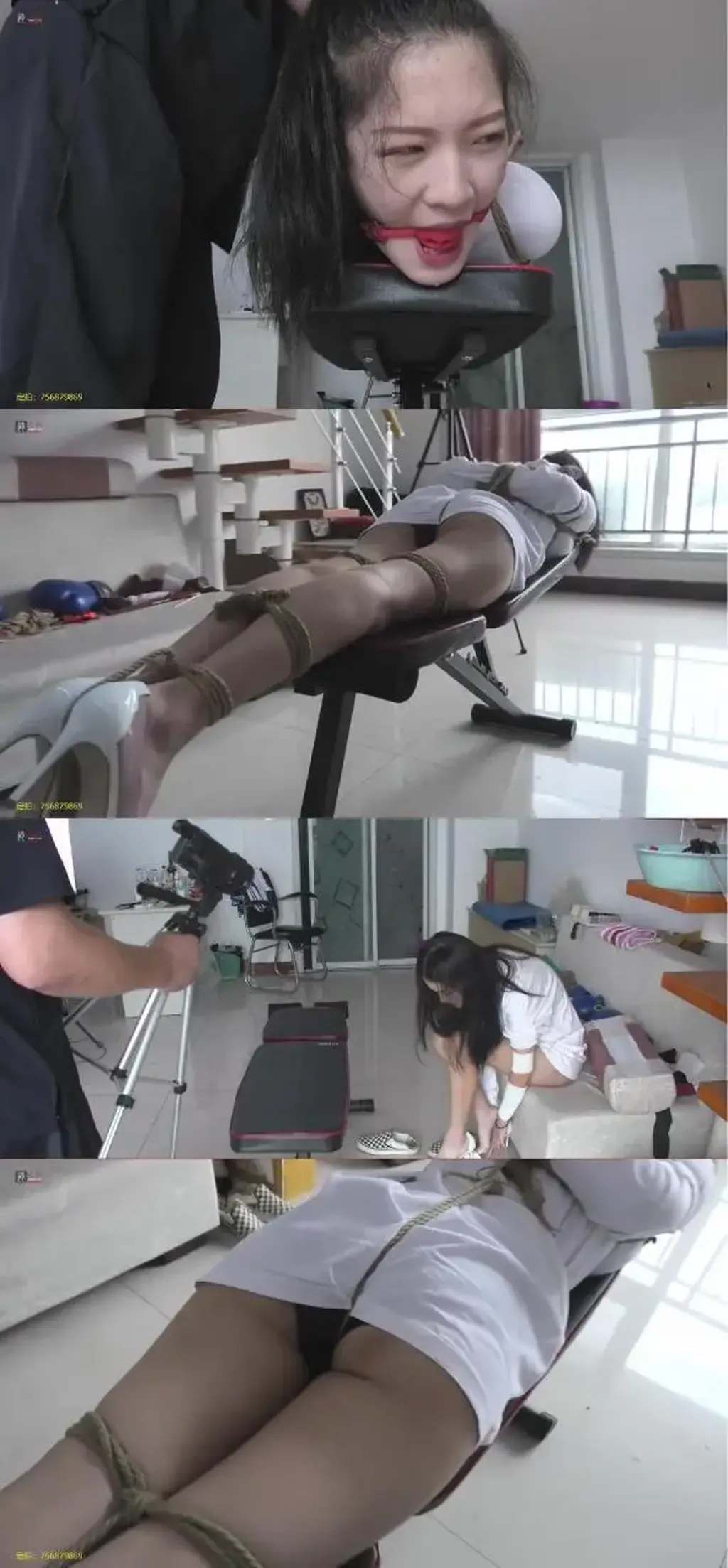 长腿新人梓若试镜正片第一集：长腿美少女，舞蹈老师梓若，圆领T恤、小裤裤，后高手、驷马、股绳、口球试用，美女换鞋实录，美足欣赏  