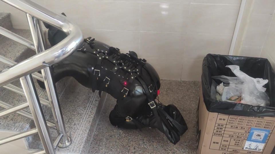《皮具，拘束，监禁，露出》牵着我的皮具母 狗在楼道里和天台上遛着玩。    上次关于皮具母 狗的作品发布后，还是有很多人喜欢的，不过唯一的缺点就是遛狗的镜头太少了，为了弥补上次的缺憾，这次我特意牵着母 狗在调 教室内溜了一会，等母 狗累了之后，我就没有再强迫做什么了，而是将它锁进到狗笼里面，让它能够好好的休息一夜，因为只有这样，明天它才能够以更加好的状态接受调 教。毕竟要爬楼梯到天台，并不是一件容易的事情。