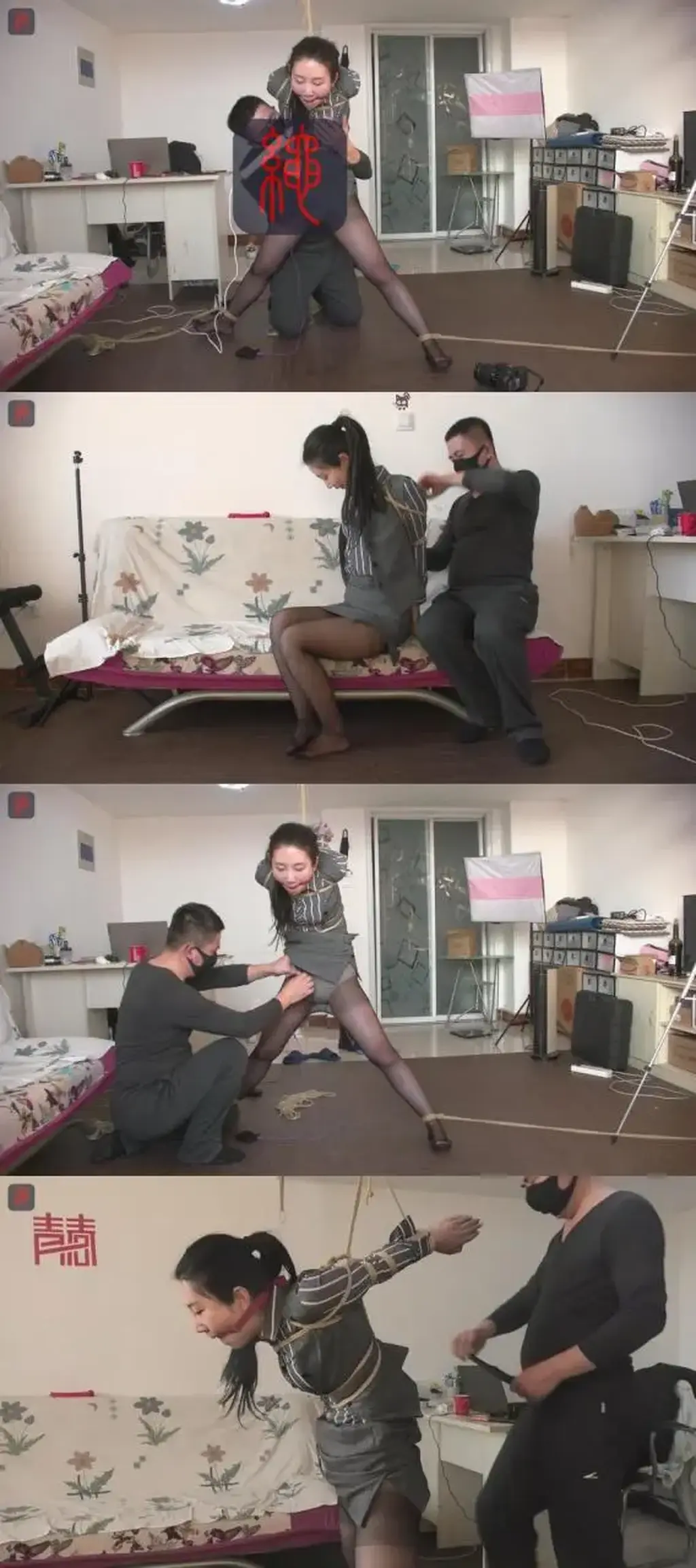 俏俏告别篇，超薄黑丝、OL短裙衬衣马甲套装，捆绑TJ上集：直臂后手半吊、双腿打开固定，SP、TK、鞭打TJ，塞入+外用强制GC游戏，尽情演绎哀婉丽人的极致凄美。 Qiaoqiao's farewell edition features an ultra-thin black-stocking, office-lady skirt, blouse and vest outfit. In the first installment she is suspended with her arms bound behind her, her legs fixed spread apart, and subjected to SP, tickling, whipping and forced internal and external stimulation, portraying a sorrowful beauty in an intensely dramatic scene.
