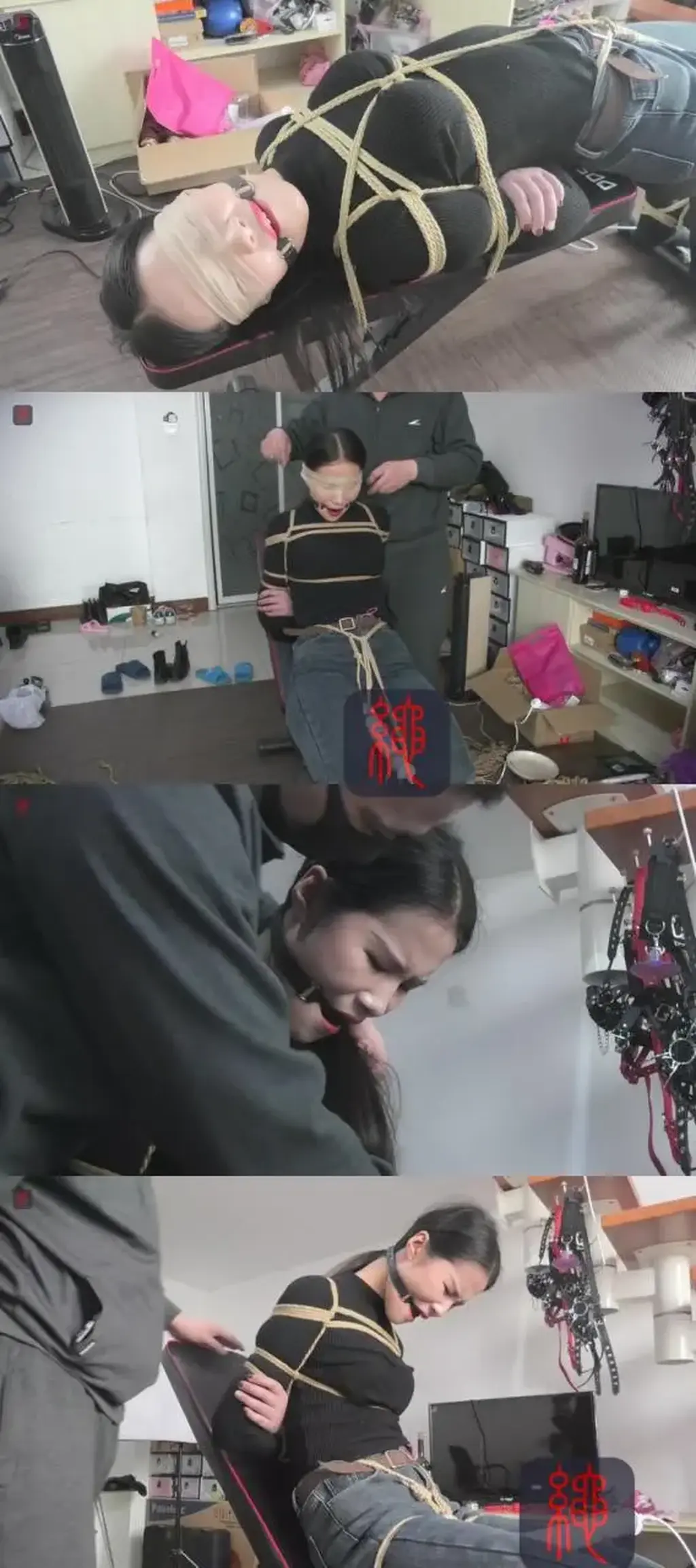 浅哼低吟，瑜伽妹子秀儿尽情演绎难耐又无助的欲望与挣扎！秀儿健身凳紧密捆绑固定，一D➕两B，强力“内外夹击”，丝袜蒙眼、口球封堵，上下其手，亵玩、挑逗、强制GC， Xiuer is tightly secured to a fitness bench for an intense bondage scene featuring one device and two plugs, powerful internal and external stimulation, stocking blindfolding, a ball gag, teasing, sexual play and forced climax.