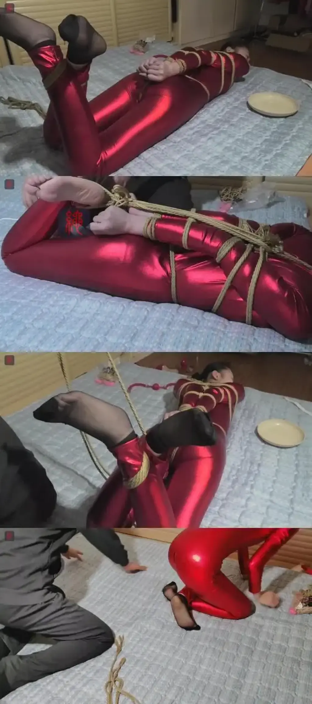 最柔弱的新晋小绳奴阿静，惊艳连体红胶衣，水晶短黑丝、痛苦的欧式直臂驷马紧缚，口球、口水收集，TK、玩脚，关键是下面固定了一个大“玩具”，这些玩法对一个新人来说，或许这一切真的是一种残酷的折磨了 (预告  