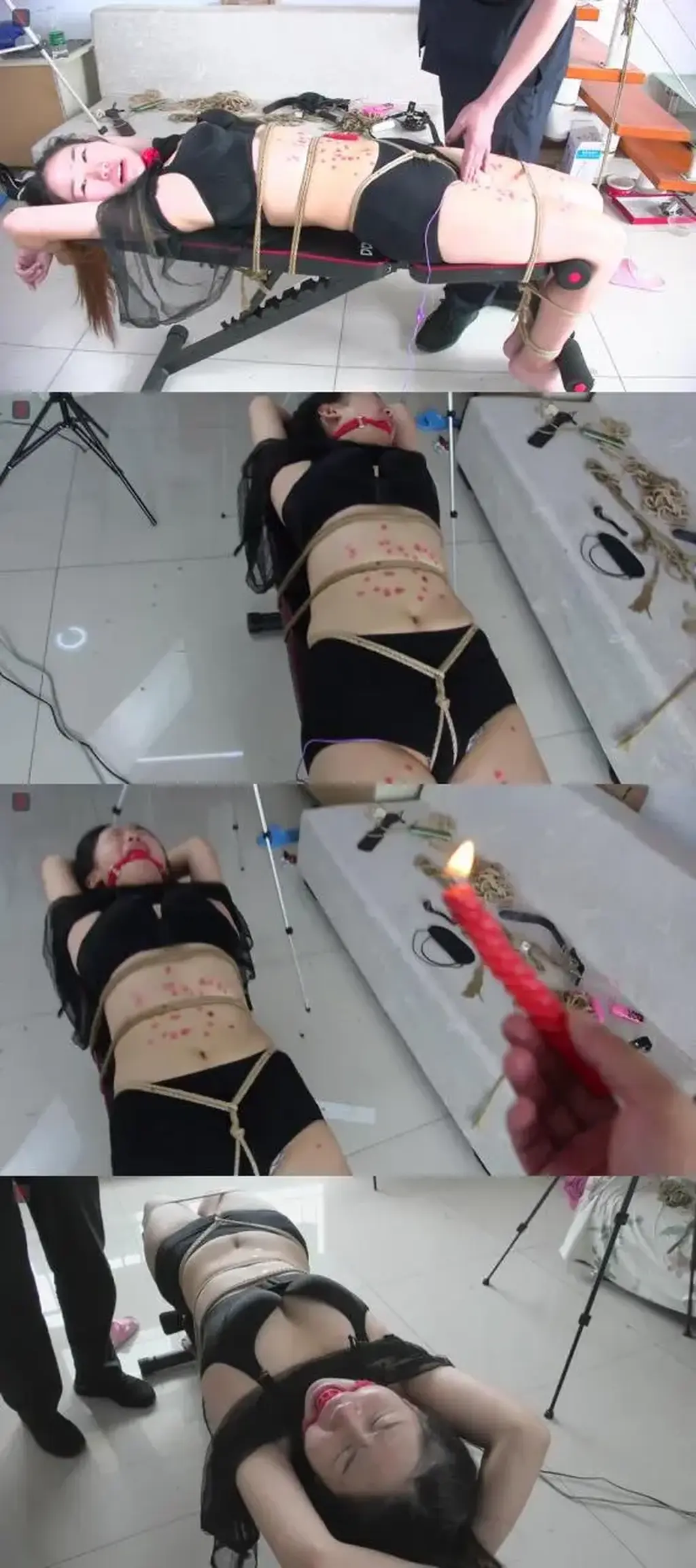 女大学生的悲催兼职经历，迪西作品第六集：健身凳，内衣仰面紧缚，口球、滴蜡、刑虐，股绳勒紧DD、“极点”固定刺激，哭泣、烛泪与眼泪  