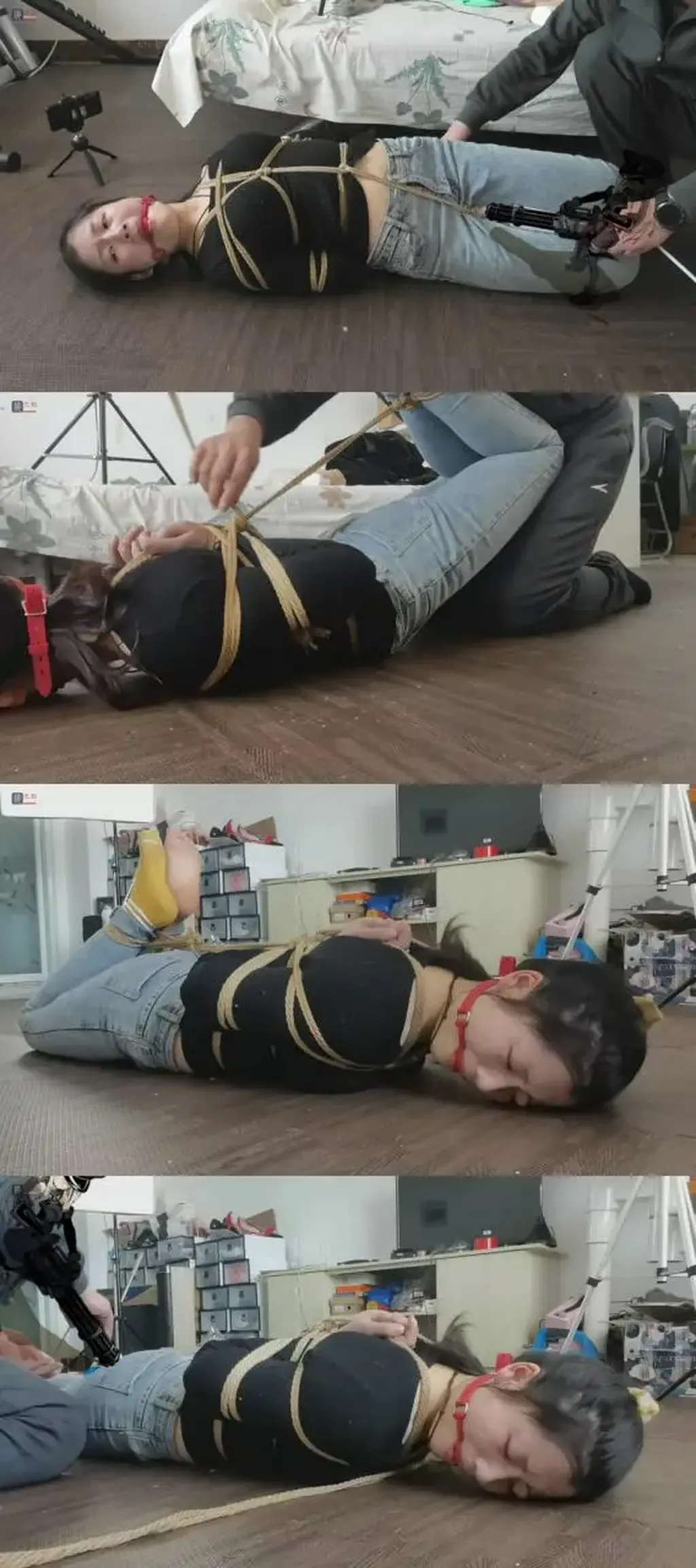 敏感又清纯，还很“敬业”的新人小萌妞四月，试镜正片第一集：牛仔裤、可爱的小黄袜、难受的后手观音，驷马捆绑，再勒上一道“阴险”的股绳，固定“玩具”，牛皮鞭拍“杀威棒”、玩虐小脚丫、TK，震动游戏初体验  