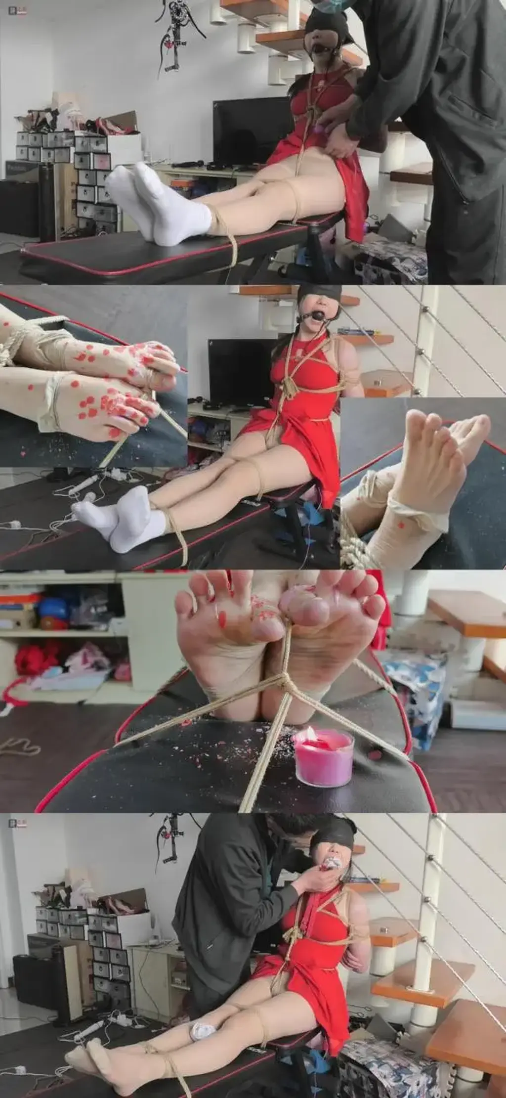 罗裳试镜第三集：红裙少女，老虎凳捆绑，头部固定，原味棉袜+口球双重封堵，肉丝、白袜、美腿玉足极限捆绑禁锢，疯狂的跳跳塞入+固定、绝美嫩脚丫滴蜡、烧烤，滚烫的辣油近距离滴进嫩嫩的脚趾缝，是一种怎样的体验  