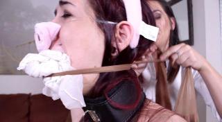 奴隶宠物“小猪” 美女被臭鞋子和丝袜勒嘴，最后又被女主人打扮成小猪的模样，彻底成了别人的宠物。