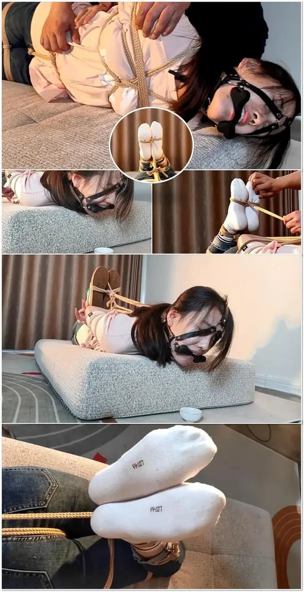 文静，眼镜学姐牛仔裤捆绑游戏第三季，磨牙棒口枷，勒头绑脚极限驷马放置、脱鞋TK、口水收集大片 A bondage-game feature with a bite-bar gag, extreme four-point head-and-foot restraint, prolonged suspension, shoe-removal tickling, and saliva collection.