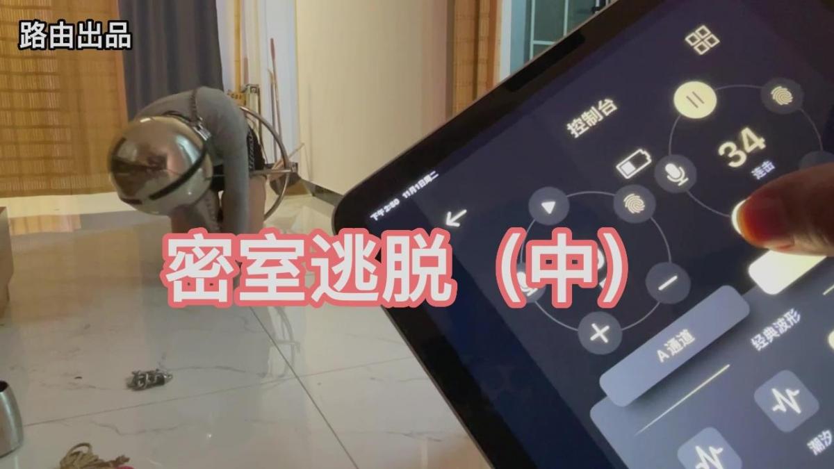 密室逃脱02 模特被镣铐锁链捆绑好以后 开始了艰难的逃脱任务，这时她还只能在地上爬行..突然受到了电击干扰，使得本来就慌乱的她更加苦叫连连，然而有多层包裹束缚着头部 她叫不出多大声..任务继续