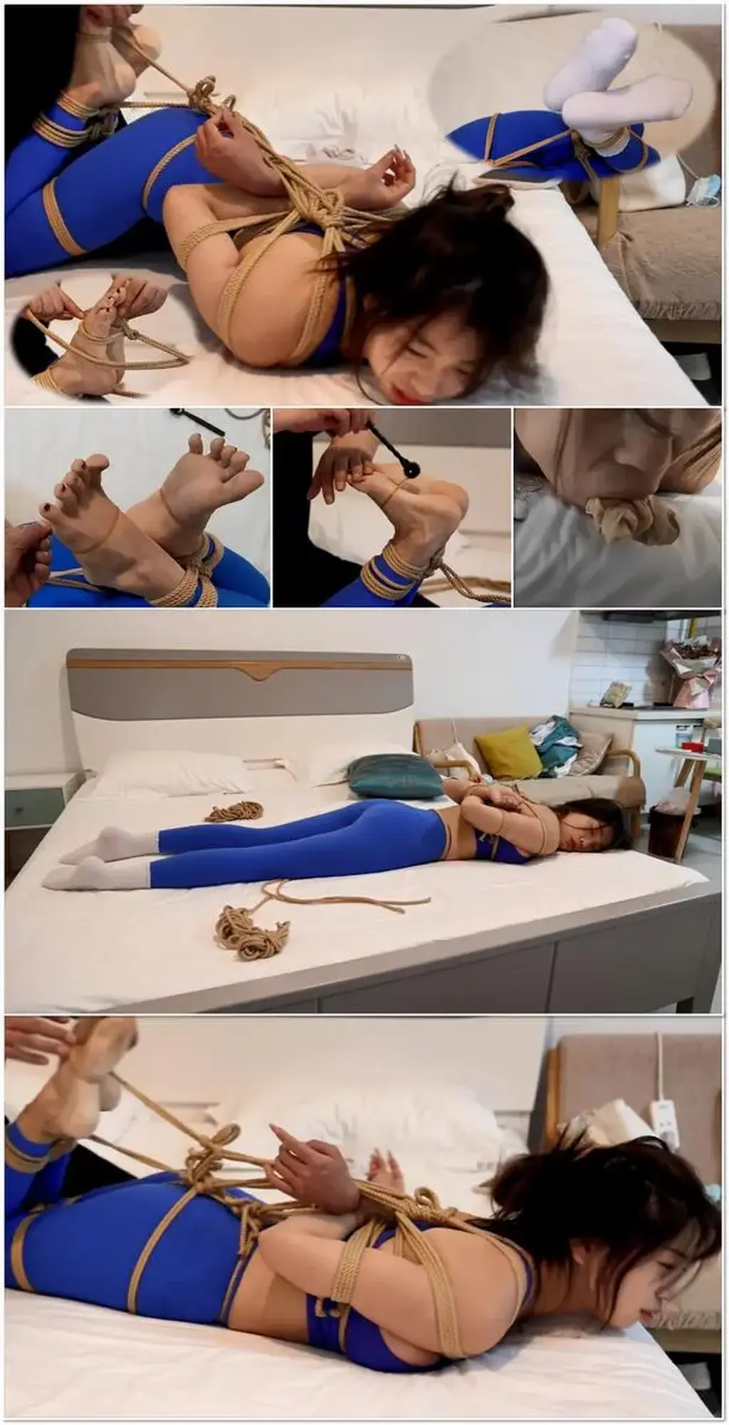 晴子，公寓里面的瑜伽少女88分钟长片全集，今天尝尝原味酸爽小船袜，长腿翘臀美艳股绳驷马，白袜、蕾丝船袜、裸足，各种折磨、各种挣扎，关于痒与痛的多种体验一次性放出，美足、TK、挣扎大片。 This long feature follows Haruko in an apartment yoga scenario, with original-scent low-cut socks, long legs, a raised backside, hogtie restraint, white socks, lace socks, bare feet, tickling, pain, and prolonged struggling.