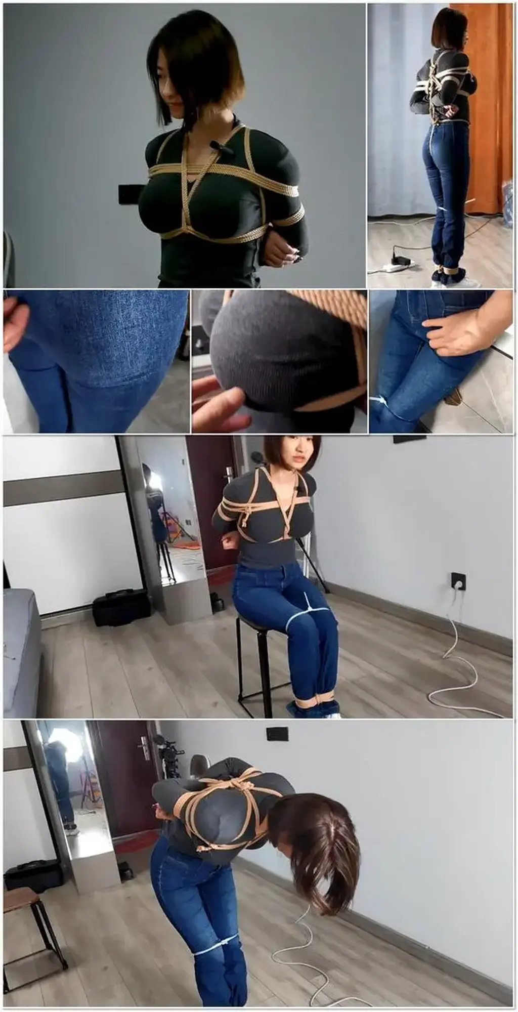 妞妞，小白鞋牛仔裤第一季，层层递进的捆绑，翘臀与美胸的美妙手感，初次尝试另类“小皮鞭”，步履艰难的室内观光旅程，魔鬼身材可爱短发妹的小爱好  