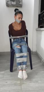 Duct tape Bondage in White socks Girl duct taped to chair in jeans and white socks