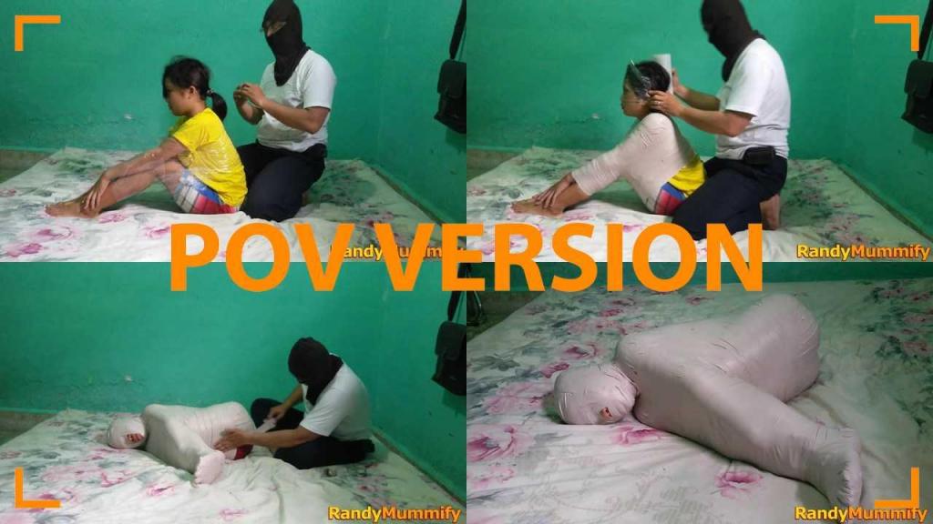 [POV] Main Scene Of RandyMummify RM018 A girl is wrapped tightly in sticky white duct tape.<br>The girl's body is wrapped in a sitting position and her hands are holding her ankles.<br>This position makes it very difficult for this girl to move and helpless