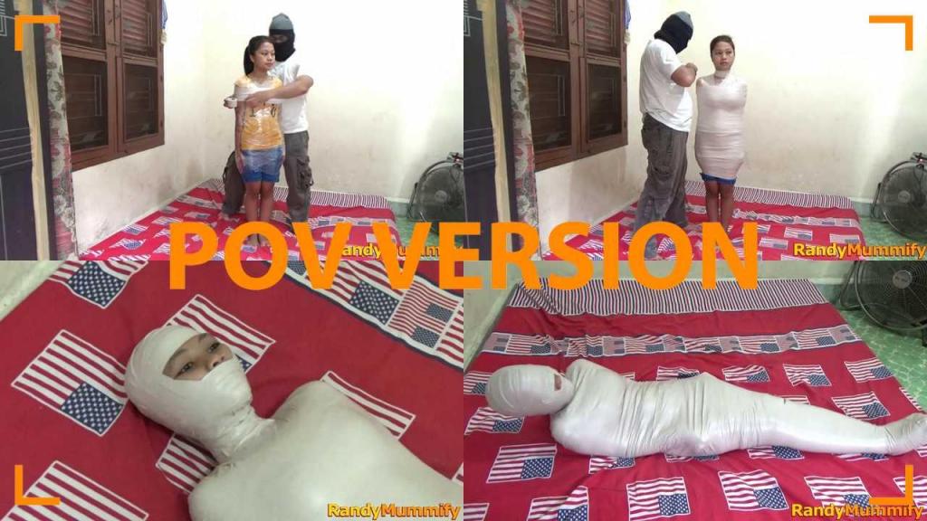 [POV] Main Scene Of RandyMummify RM032 An innocent girl wrapped in a bedroom with white duct tape.<br>The girl's body was completely wrapped, leaving only her eyes and nose. Her nose was then closed with her eyes still open.