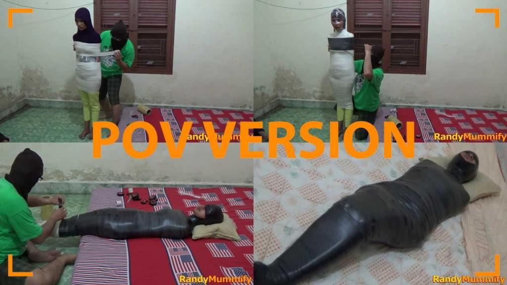 [POV] Main Scene Of RandyMummify RM043 A girl is first wrapped into a mummy in a boarding house leaving her mouth to speak.<br>The girl's body is tightly wrapped with 2 layers of duct tape, namely white duct tape and black duct tape.