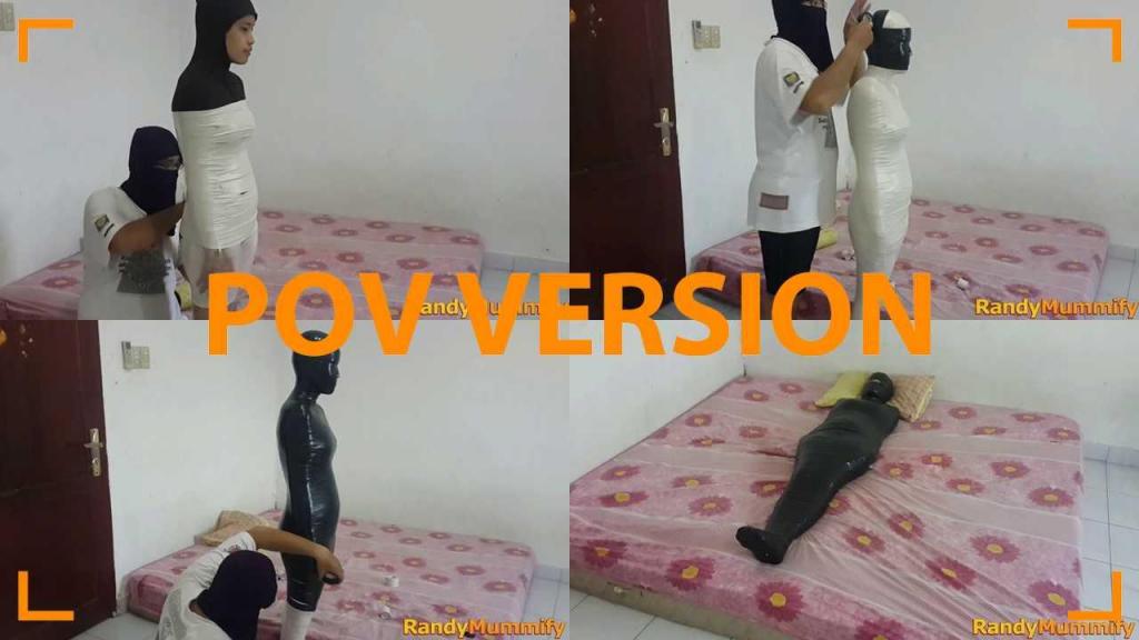 [POV] Main Scene Of RandyMummify RM049 A sexy girl who had previously been mummified with 1 layer tried to be wrapped in 2 layers<br>This girl's body was wrapped tightly using white duct tape plus 1 more layer of black duct tape making it difficult for her body to move