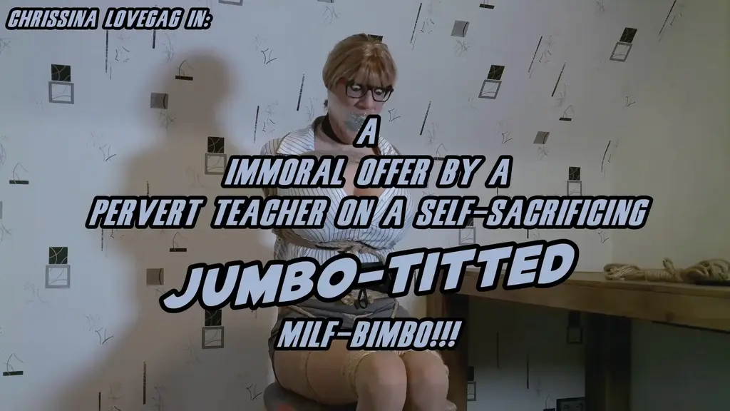 B0925 A humilating deal for a busty Milf 伪娘<br>The teacher Mr Michaels has invited the mother of one of his students into his home. The reason why both meet up is because the mother, Chrissina, wants to help her son getting better notes and a chance for a gratuation. For that she has agreed into a deal with the teacher who wants to enjoy himself with the sexy and courvatious Milf. Chrissina is not happy about this offer but because she would do everything for her son, she agrees into a bondage session... ruled by her pervert host! After she spends some time tied up and ball-gagged in a room, Mr Michaels returns to continue his game with the busty captive. Chrissina's try to persuade him from having done enough becomes harsh interrupted by amounts of additional restrictions, including a massive tape-wrap-gag!