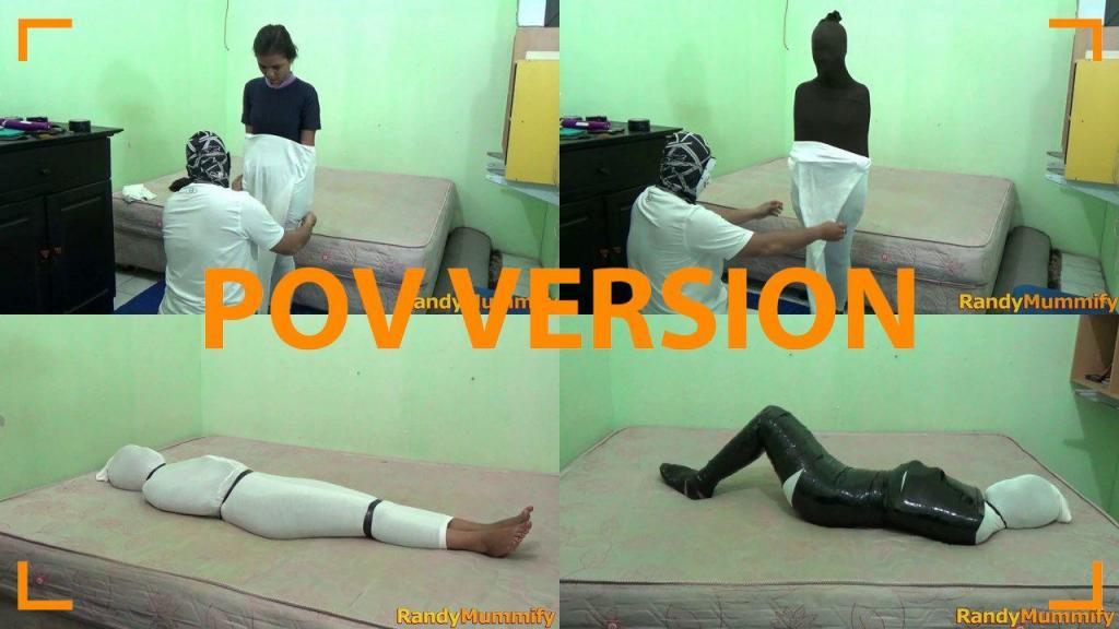[POV] Main Scene Of RandyMummify RM067 A beautiful girl is wrapped in 3 layers of leggings, the first layer is white, the second layer is black and the third layer is white.<br>After being helpless, this gasi's body was wrapped again in Vet Tape which had just been sent from abroad,