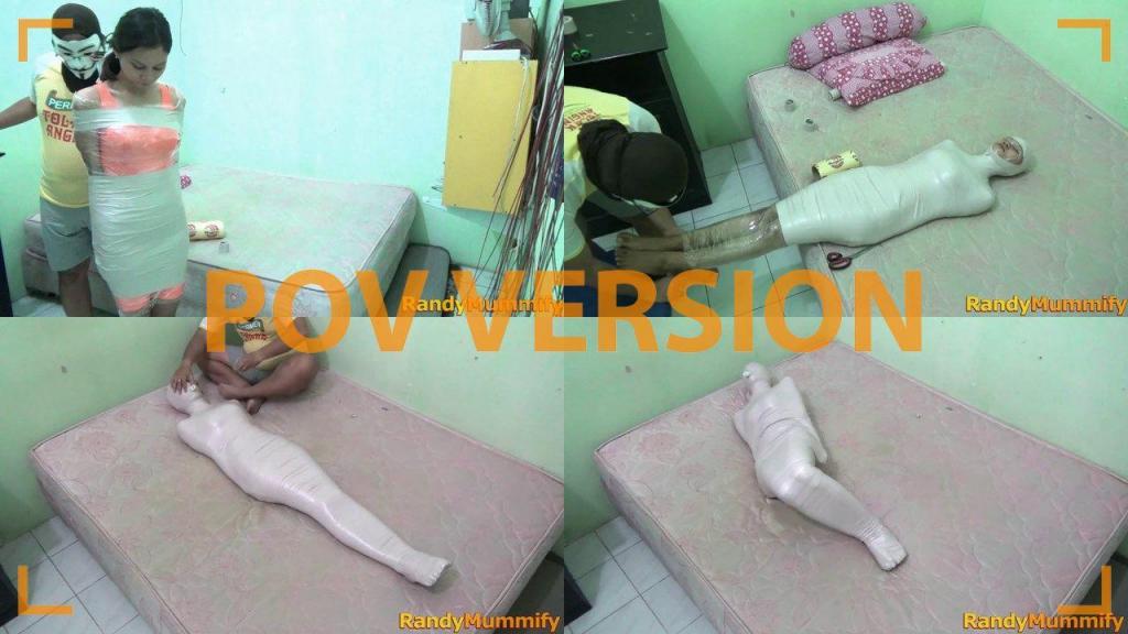[POV] Main Scene Of RandyMummify RM087 A beautiful girl wearing an orange swimsuit when wrapped for the first time becomes a mummy.<br>The girl's body was wrapped tightly using white duct tape and this girl only bought an airway from a small tube that was inserted into her mouth.