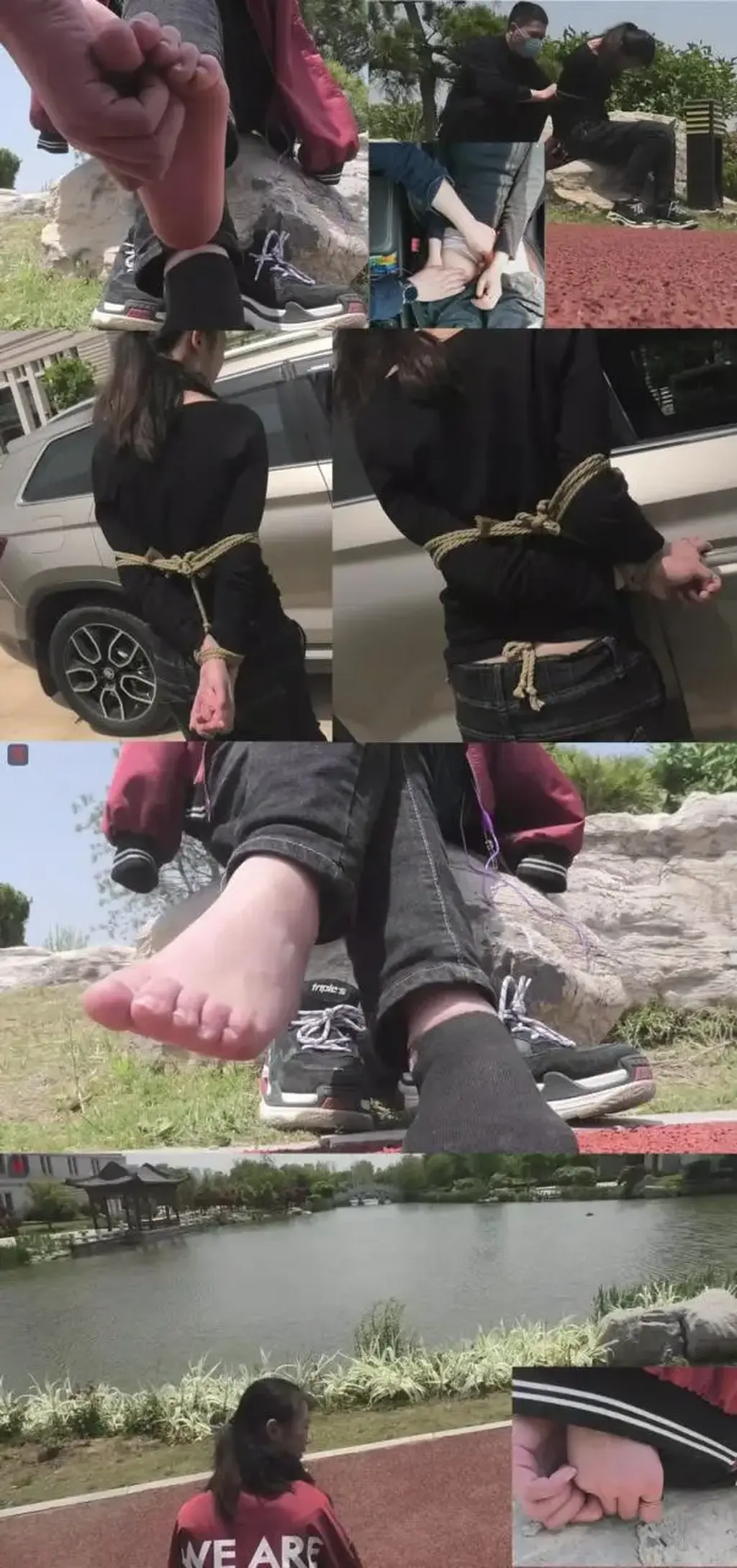 阿静户外：暖暖春阳下，小公园水边草地上被反绑双手的少女,DD塞入、脱鞋晾晾臭脚丫，TK、挑逗，可怜的女孩很无奈，被折腾够了还得自己用反绑的双手打开车门  