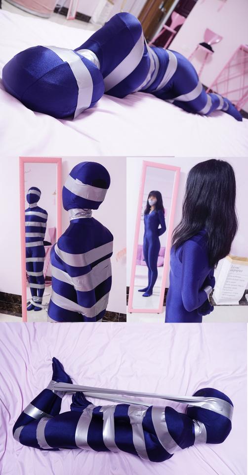 素人玩偶改造！萝莉妹子胶带封嘴被套上全包zentai+布基胶带一圈圈捆紧缠绕驷马play 约出一只涉世未深的小萝莉，连哄带骗给她穿上zentai开始邪恶的玩偶改造：胶带封嘴，头套带好（里面还套了一层黑色泳帽），双手直臂用布基胶带紧紧束缚（最后绑到妹子双手失去知觉），从头到脚用厚实的胶带紧紧缠绕，让她彻底失去逃脱的机会，只能像小虫虫一样挣扎。。。<br>第一次玩小萝莉似乎忍耐性还不错哟，再挑战下更痛苦的驷马姿势吧嘿嘿。。。<br><br>恋物幻者原创作品<br>定拍请联系：<br>QQ：2896630013<br>微信：mermaid-zentai-girl<br>