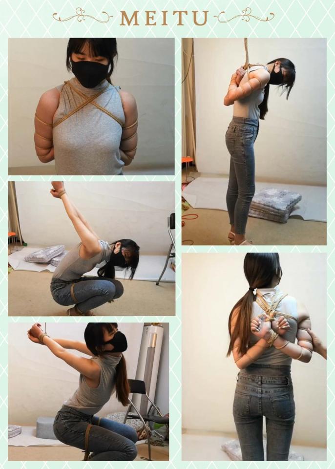 杨蕊 牛仔裤高跟凉鞋 超紧五花大绑 高吊双手 拇指 深陷锁骨的麻绳 随心原创 杨蕊  五花大绑 手指绑  反手吊 站不起来只能一直难受的蹲着