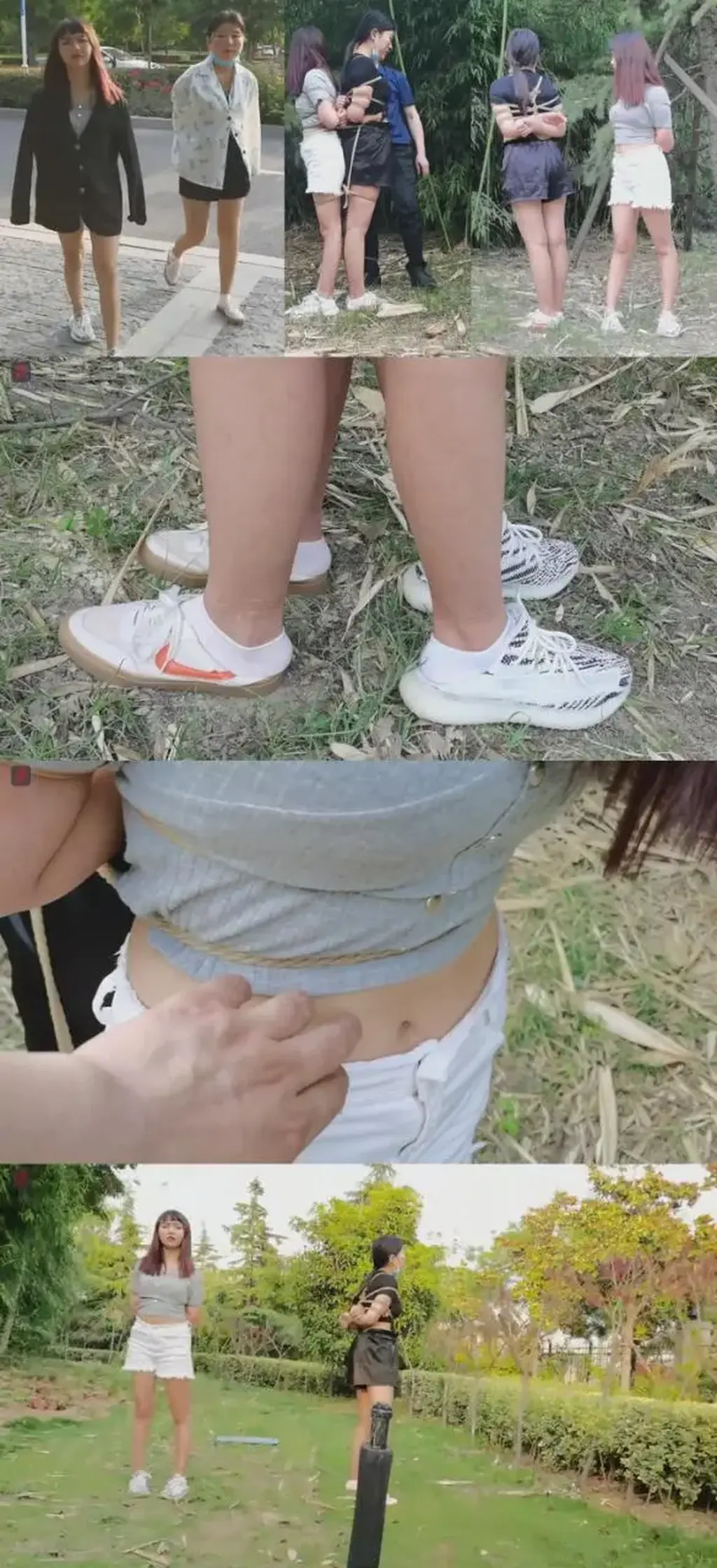 曼琪、婉儿户外捆绑拍摄训练，第二集 ：双女捆绑逛公园，连缚，牙齿解缚实验。第一次拍摄此类题材，两个小女孩虽然有点不太适应，但是都还挺“敬业”的，尤其是婉儿，虽然是满脸的不情愿，却还是坚持拍完了计划内容  