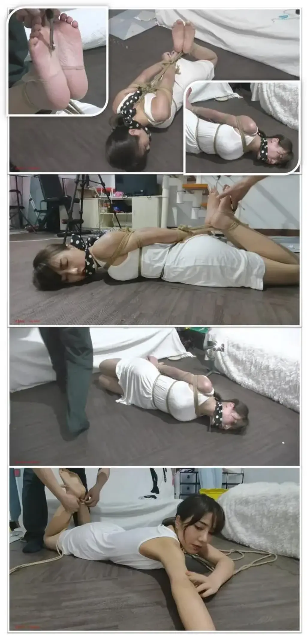 职场丽人安琪：白吊带、肉丝美腿、跪缚、丝巾勒嘴、欧式驷马，扭动与翻滚、丝袜破坏、TK、虐足、诱人的挣扎与呻吟（感觉安琪怎么折腾都好看.......）  