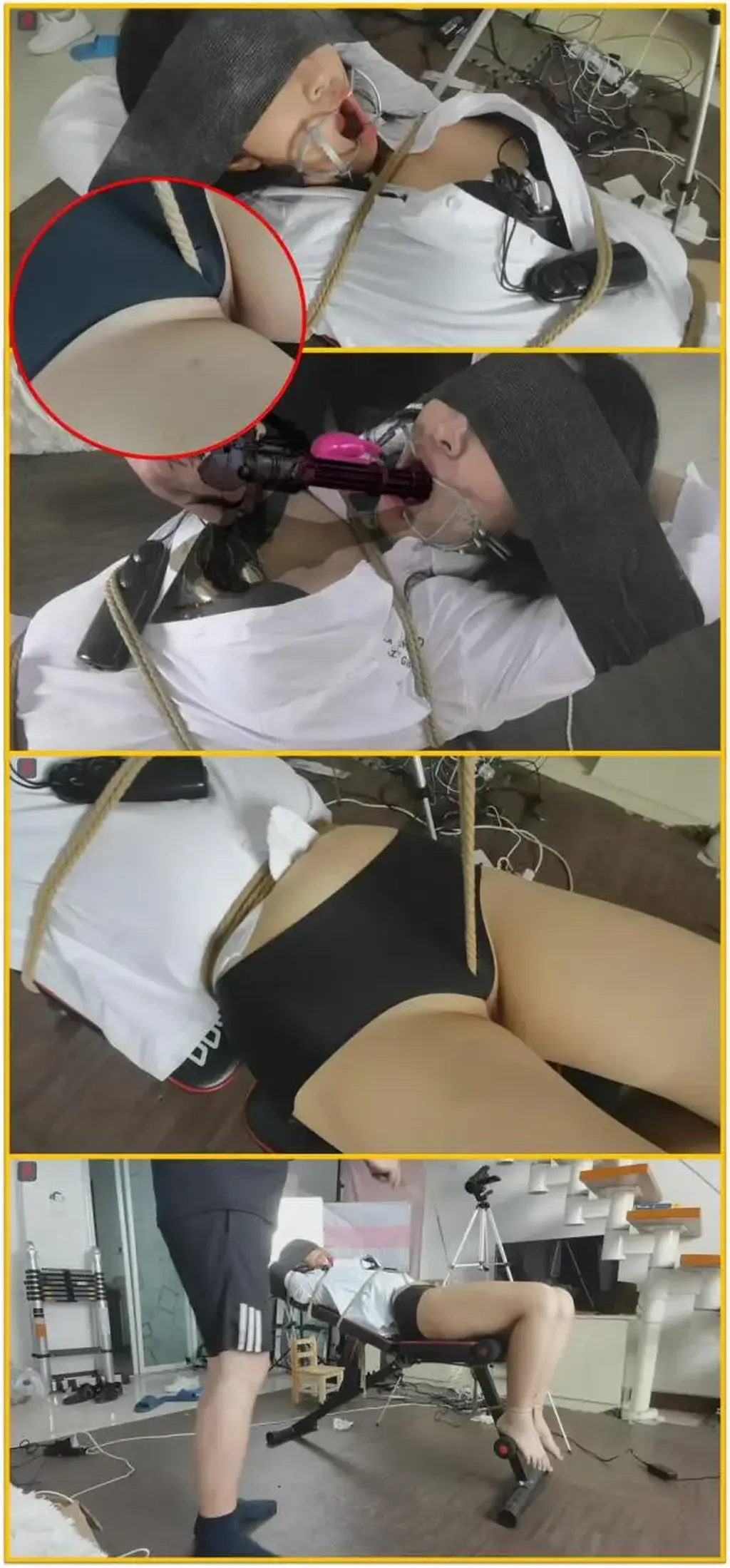 海伦首次尝试真实重口、大尺度游戏，白衬衣凳子缚虐上集：股绳牵拉、藤条、皮鞭抽打、虐因，乳夹、丸吞、极致羞辱，职专生少女的极虐绳狱  