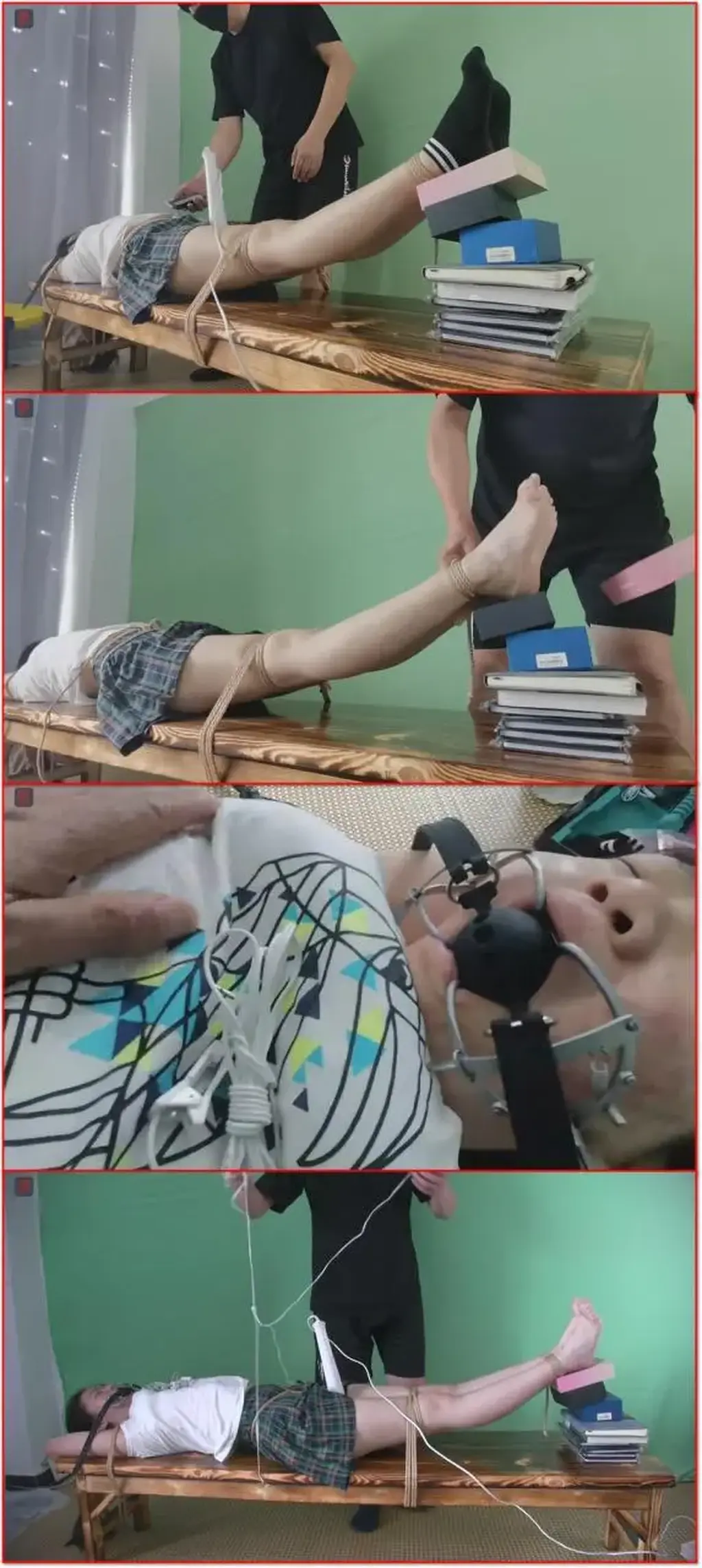 乖乖女豆豆的暑假绳奴经历：酷刑挑战！开口器、口球双重封堵（工作室的隔音不太好！必须尽量封堵严实）极限老虎凳、电击器虐胸、夹脚趾  