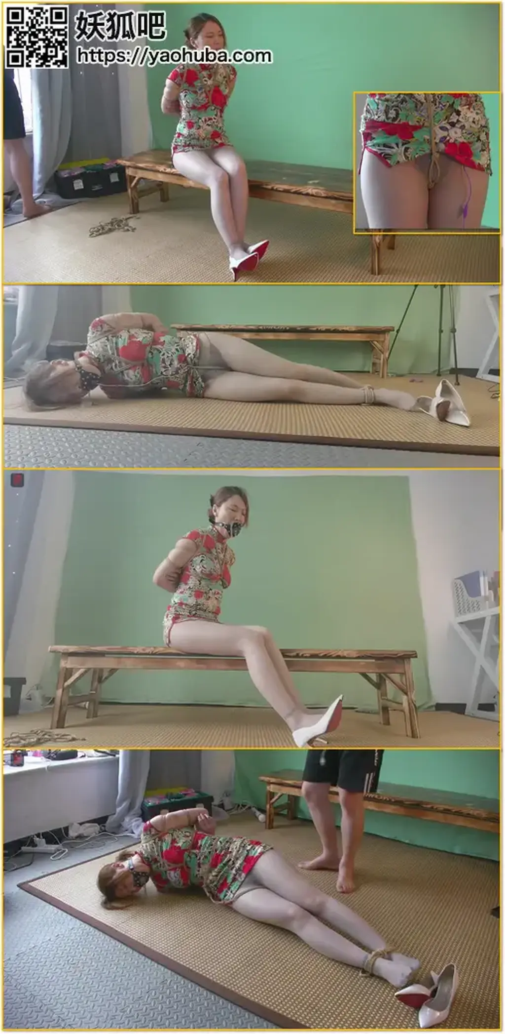 诗韵新作，优雅的性感，暴力的凄美——旗袍、丝袜和绳子，关于绳奴的故事上集：性感小旗袍，超薄灰丝美腿、细高，捆绑手脚，DD塞入、股绳固定，口枷封堵，逐步深入的女奴TJ  