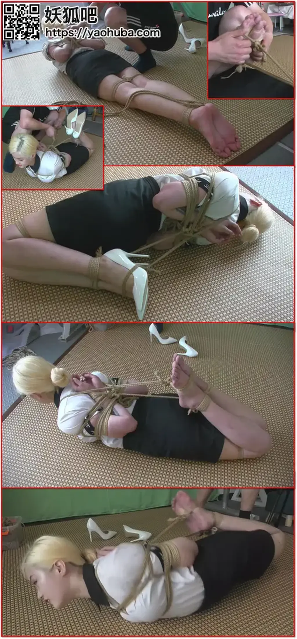 坠入凡间的精灵，美少女羽灵试镜下集，白衫黑裙细高跟，极限后观音驷马捆绑放置，脱鞋玩脚，TK，耐力测试 Yuling wears a white blouse, black skirt and stilettos while enduring an extreme rear-arm four-point restraint, suspension, shoe removal, foot play and tickling in the second part of her audition.