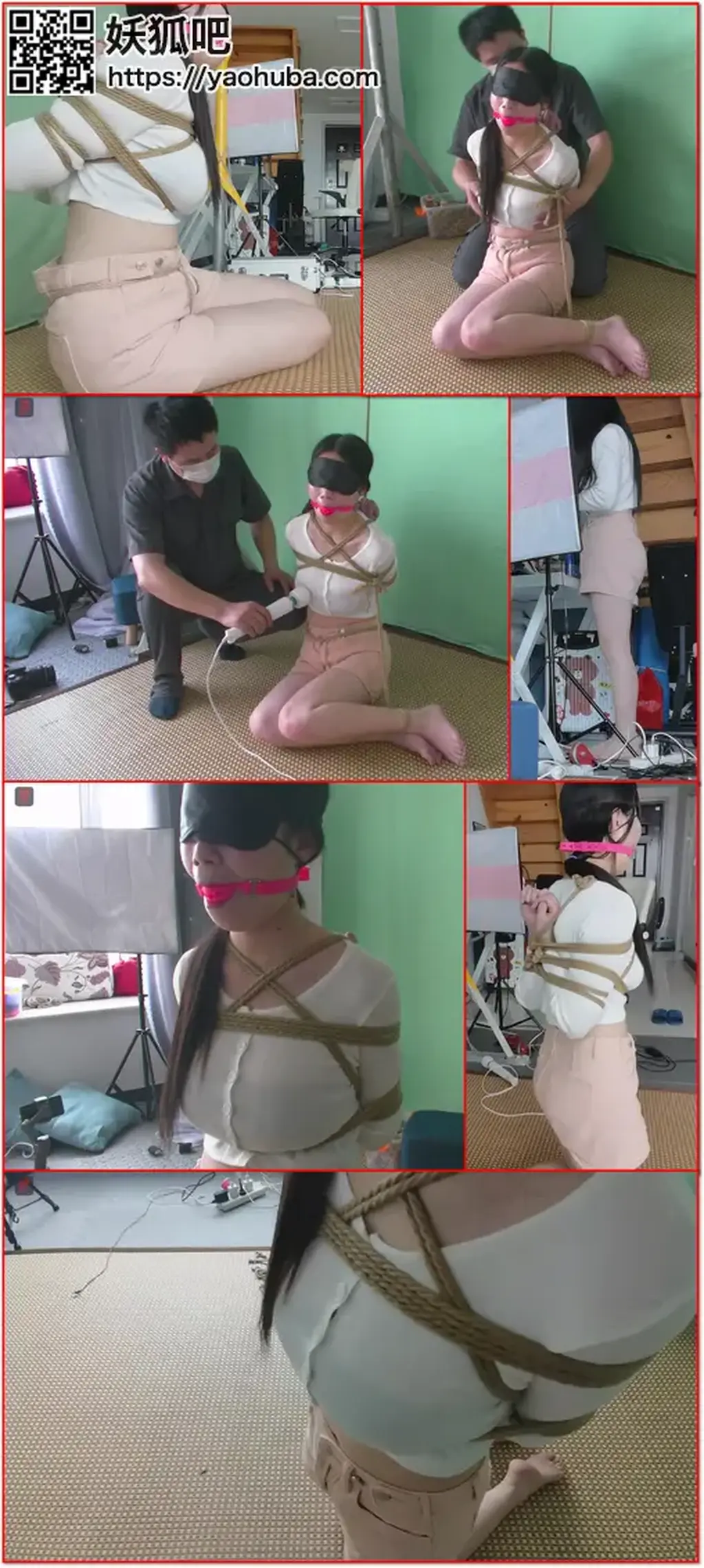 近期最狠的一次捆绑！很白、很“汹涌”、很坚强的新人若彤试镜上集：白T恤、粉红热裤，极限后手观音，股绳，跪缚（收紧股绳时，双腿一直在颤抖），半吊放置，挑逗、TJ。  