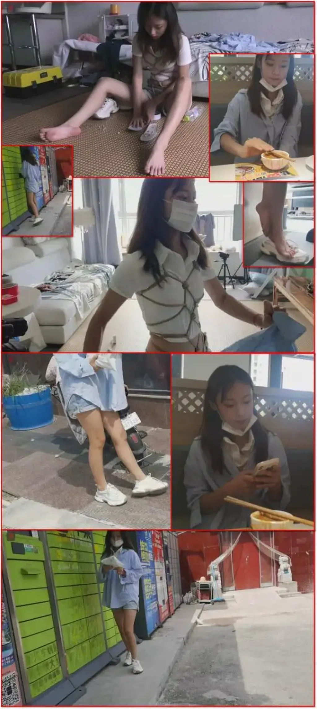 美少女的自缚外出游戏：小T恤、牛仔热裤，龟甲缚、股绳，踩石子虐足外出、火锅店里龟甲缚的晾脚小绳奴  