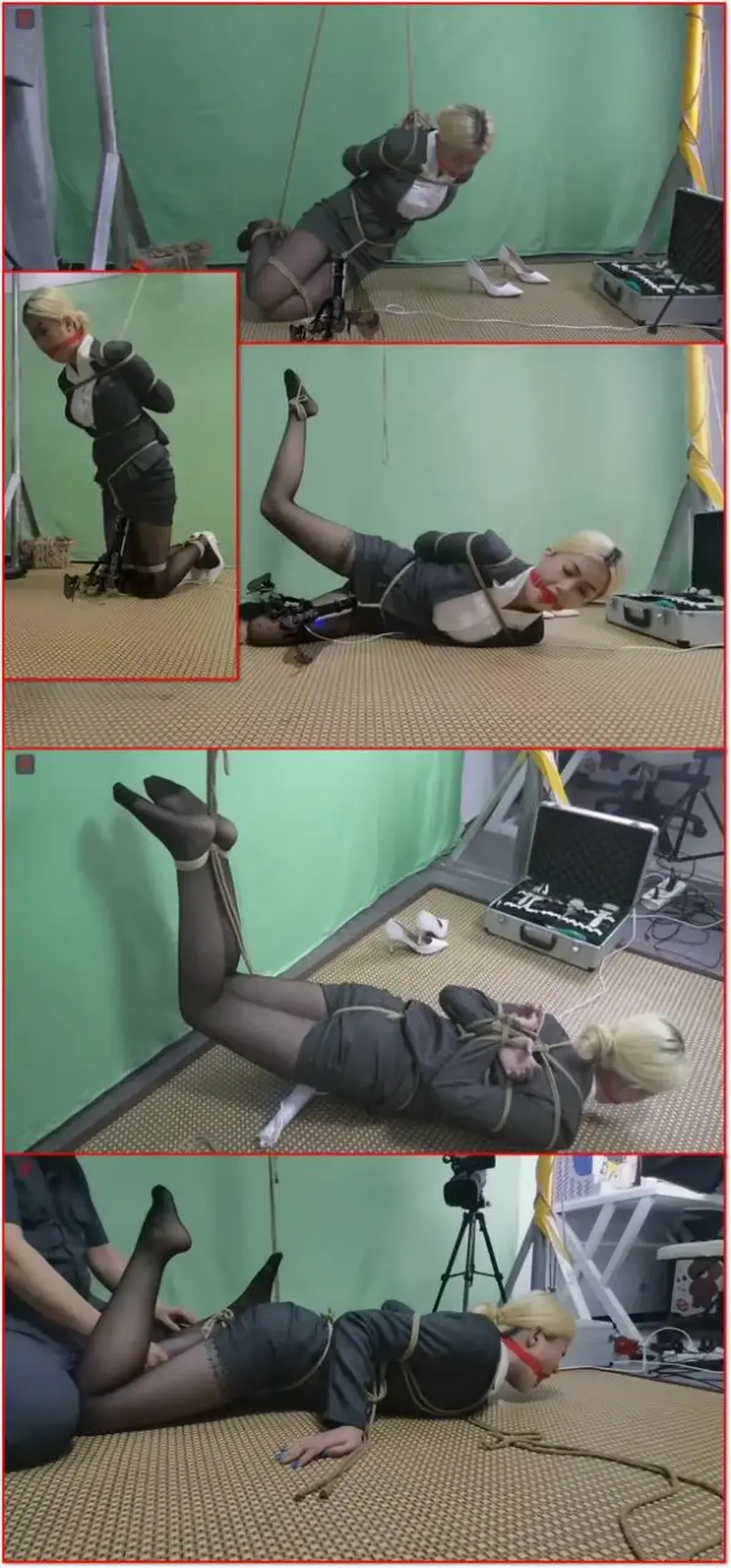 新模，金发美少女羽灵，职业装黑丝美腿，卧姿捆绑、屈膝叠缚，吊起黑丝美脚慢慢玩，强制震、TK，可怜楚楚的眼神、止不住的口水、无助的挣扎与呻吟 New model Yuling wears professional attire and black stockings while lying bound, folded at the knees and suspended by her stockinged feet. She endures intense vibration and tickling, with helpless eyes, uncontrolled drooling, moans and desperate struggles.