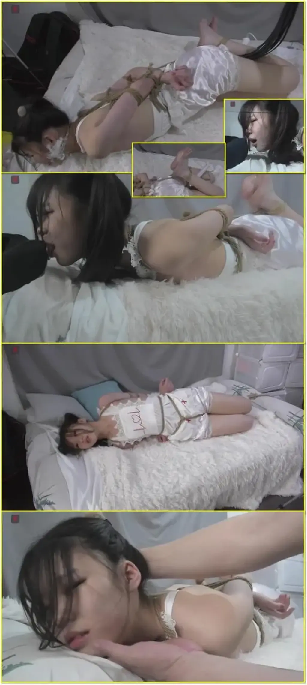 双马尾元气美少女小呆重口游戏：空心情趣小护士服，遮不住的小少女娇嫩胴体，勒嘴、驷马美足TK、亵玩，各种挣扎，重度TJ第二集 A petite twin-tailed woman in a hollow nurse costume undergoes gagging, hogtie foot tickling, erotic play and intense training while struggling repeatedly.