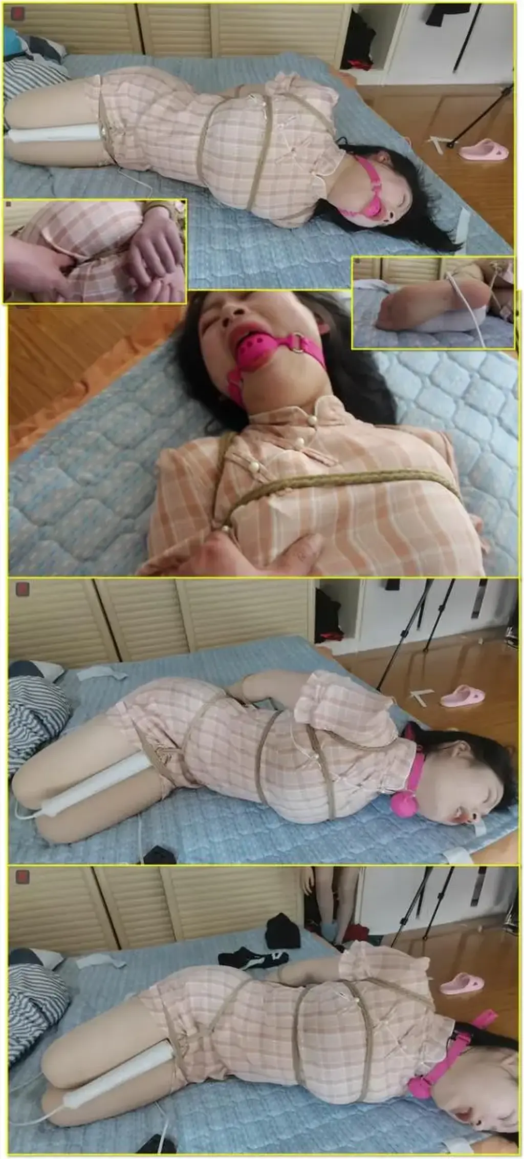 四月小旗袍惩罚游戏下集：肉丝白袜、小旗袍，驷马、股绳固定高频棒，5厘米大号口球，90分钟驷马放置、挣脱实验真实记录，狠心的绳师、发烫的棒棒、无奈的少女，痛快交织的惩罚游戏  