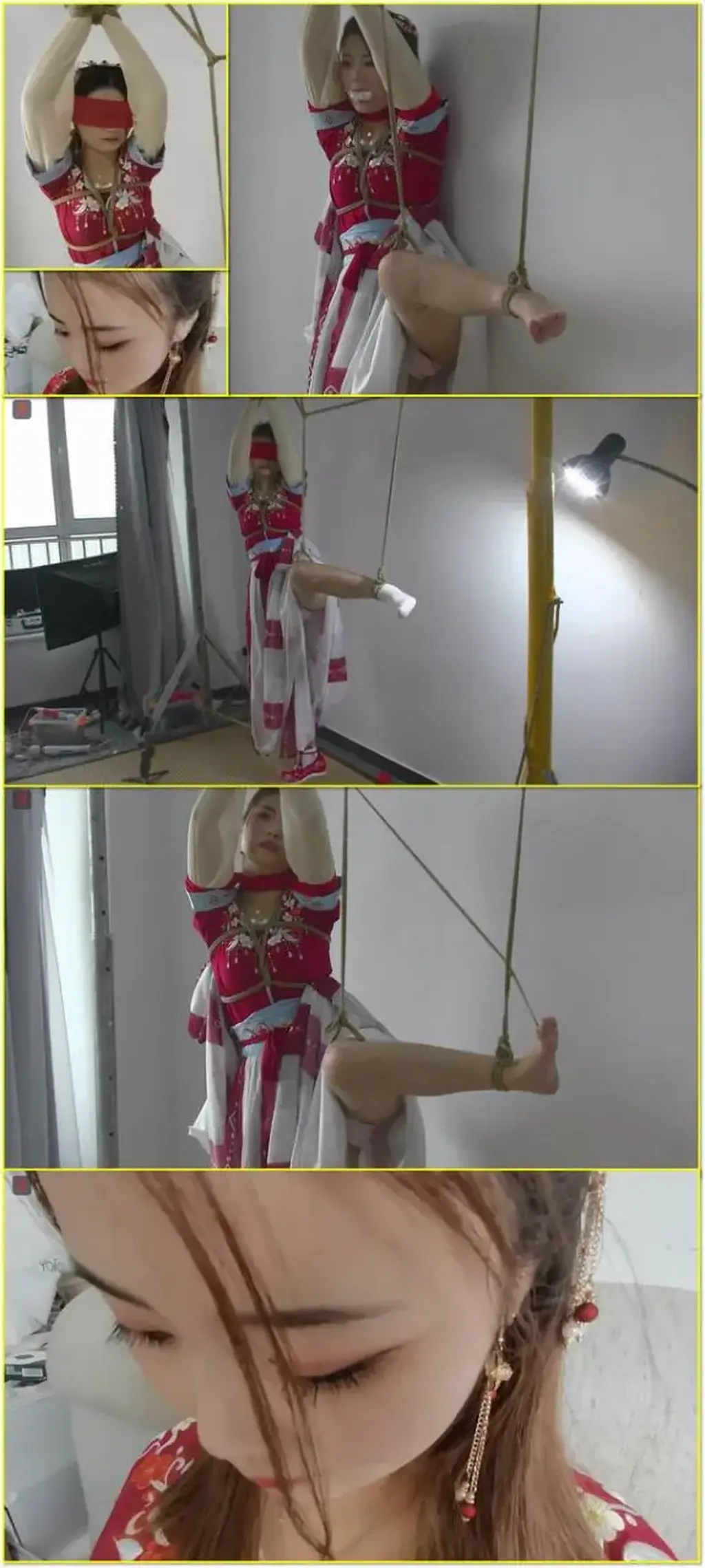 古装也惊艳的小九妹，古装小舞娘的白袜前手片足吊、勒嘴，漏内，脱掉小白袜堵嘴训练，姿势有点羞羞的捆绑游戏  
