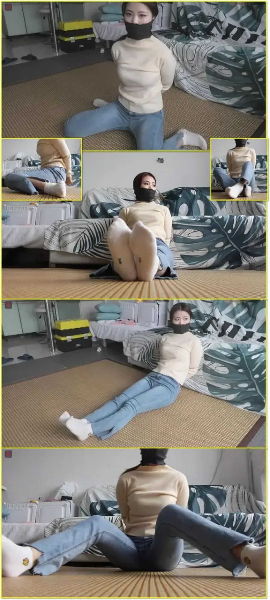 可爱小九妹，绳模的特色中场休息：牛仔裤、羊毛衫，后手绑，白袜美足多角度自由展示、足底特写  