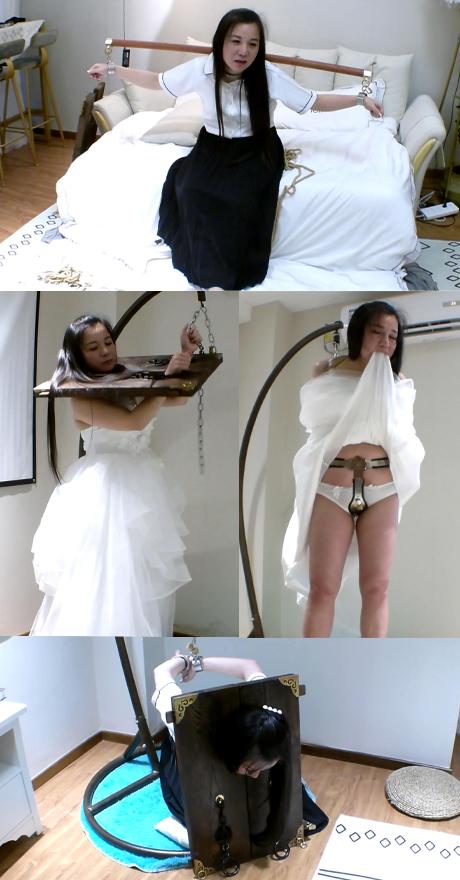 私奴盈盈之最新的新娘 婚纱捆绑 鼻环牵引 贞C锁 大木枷 强力电击 痛苦吊绑等等 可怜的盈盈受苦了 记录盈盈与主人日常生活，盈盈每天锁着贞C锁与镣铐枷锁作为主人的私奴服伺主人，今可怜的盈盈今天被主人牵着鼻环在家里溜达，吊在架子上，一动也不能动，还被锁上大木枷放置。穿着洁白婚纱的盈盈格外美丽，但改变不了盈盈私奴的身份。。。美丽的婚纱与古典木枷更配哦，最后还上了她最害怕的电击