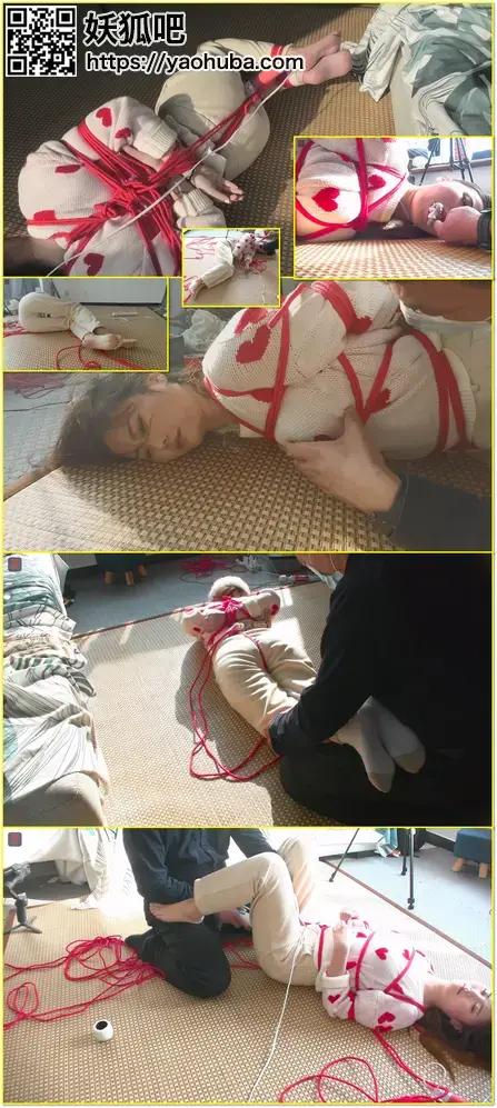 娇俏可爱小九妹，冬日午后的例行绳奴培育，红绳游戏正片_白袜驷马、裸足TK把玩、原味小棉袜堵嘴+胶带封裹，棒棒固定强震，亵玩TJ，日常培育进行中 A petite-girl nickname appears in a routine rope-slave training session featuring red-rope bondage, spread-eagle white-sock restraint, barefoot tickling, cotton-sock gagging, tape wrapping and vibrator restraint.